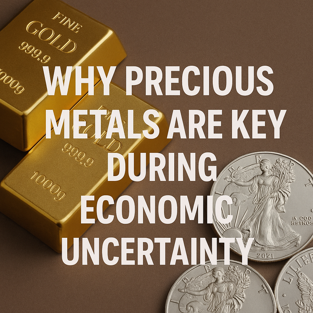 Two gold bars and silver coins behind bold text reading "Why Precious Metals Are Key During Economic Uncertainty"