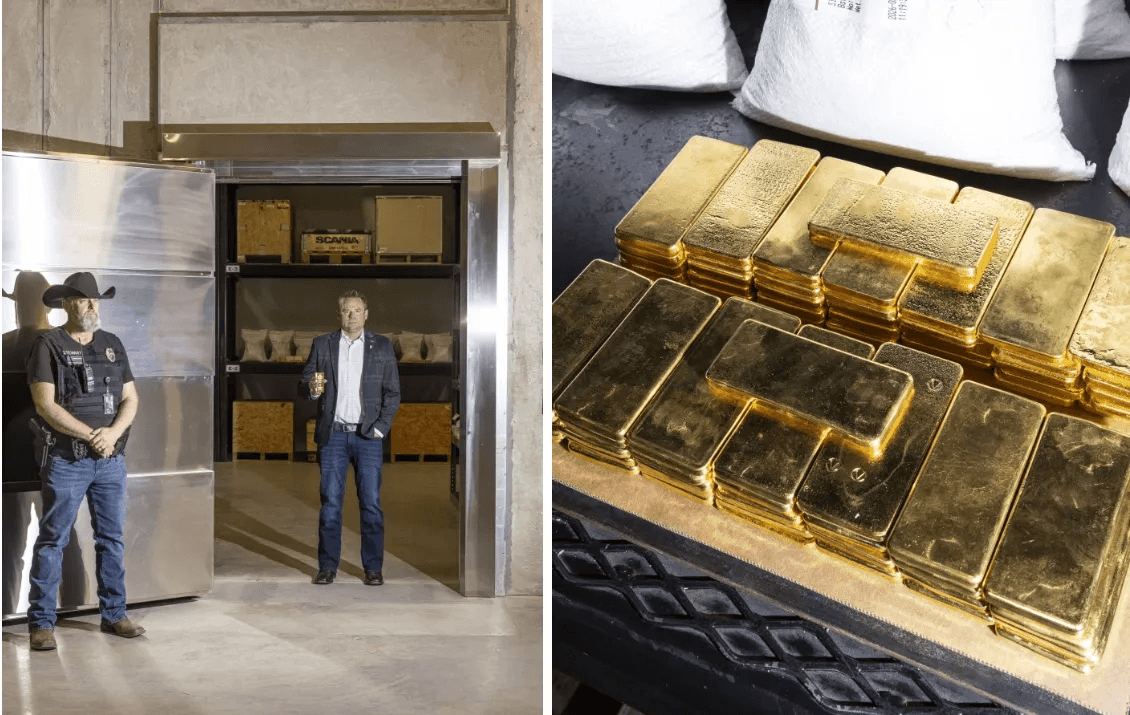 Split view: two men stand at an open steel vault door, and stacked gold bars sit beside white bags.