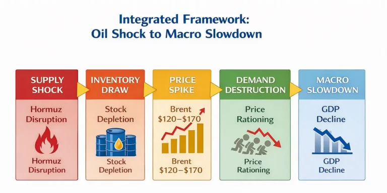 Flowchart: 'Integrated Framework: Oil Shock to Macro Slowdown' with five stages from Hormuz disruption to GDP decline.