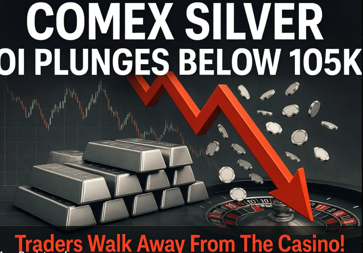 Silver bars stacked beside a roulette wheel under a falling red arrow and 'COMEX SILVER OI PLUNGES BELOW 105K' headline