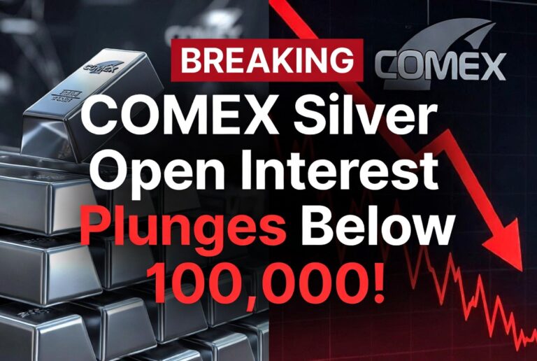 Silver bars beside a falling red chart with headline text: COMEX Silver Open Interest Plunges Below 100,000.