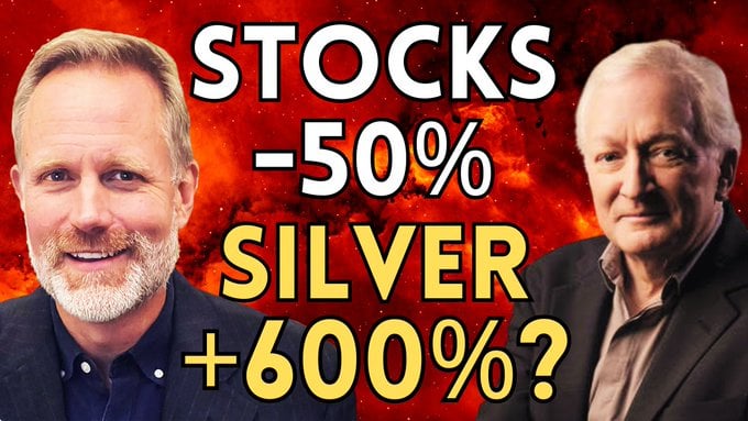 Two men against a fiery red background with text: Stocks -50%, Silver +600%?