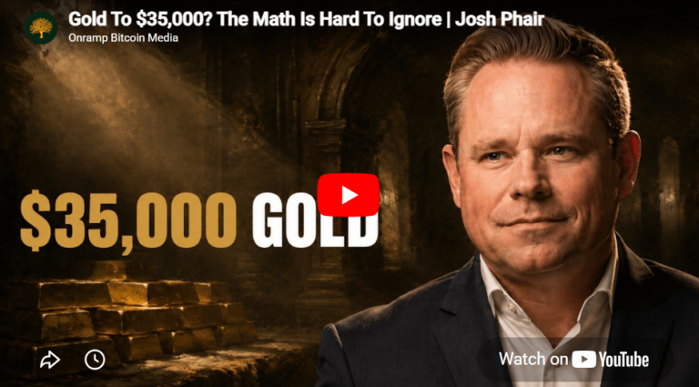 YouTube thumbnail showing a man in a dark suit beside stacked gold bars, with text reading "$35,000 GOLD"