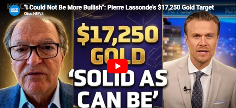 Video thumbnail with Pierre Lassonde and a news anchor flanking text: '$17,250 gold, solid as can be'