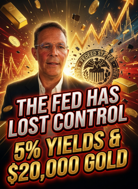 Man in suit and glasses beside a cracking Federal Reserve-style seal, gold bars, coins, and rising chart arrows.