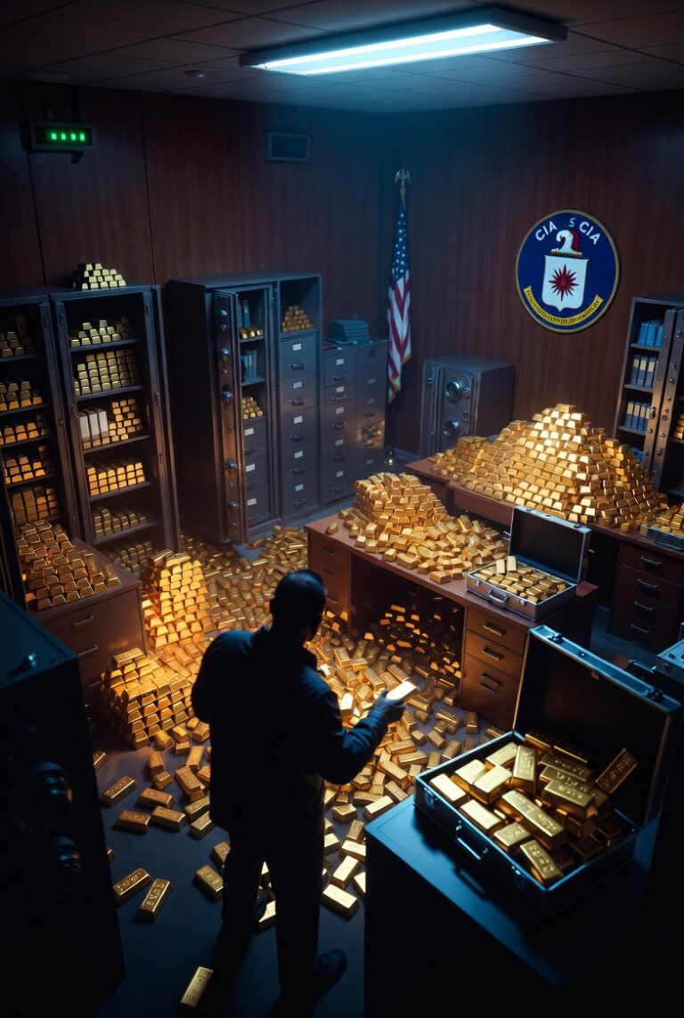Silhouetted man examines a gold bar in an office overflowing with stacked gold bars, beneath a CIA seal and American flag.