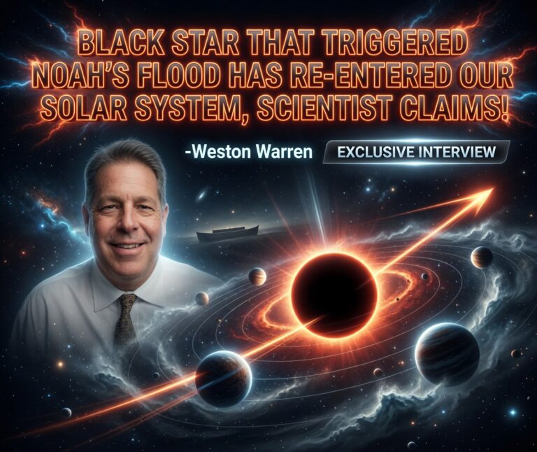 Composite image of Weston Warren, a glowing dark sphere with orbiting planets, and headline text about the Black Star claim