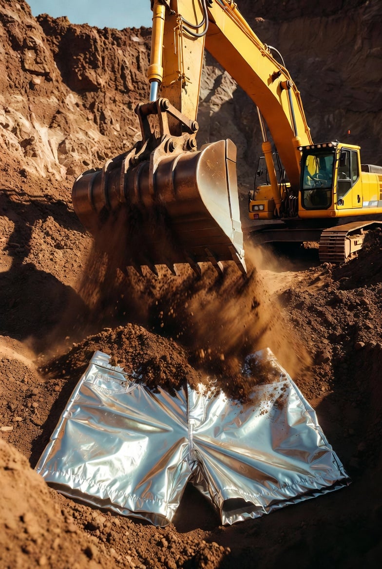 Yellow excavator dumping dirt onto shiny silver shorts in a dirt pit