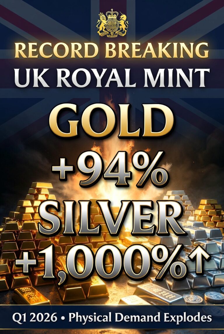 Gold and silver bars with text: Record Breaking UK Royal Mint Gold +94%, Silver +1,000% arrow up