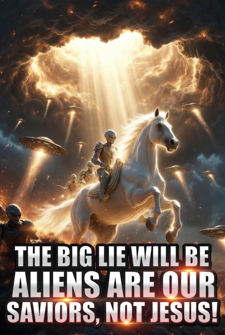 Aliens on white horses with UFOs and light rays; text reads 'The big lie will be aliens are our saviors, not Jesus!'