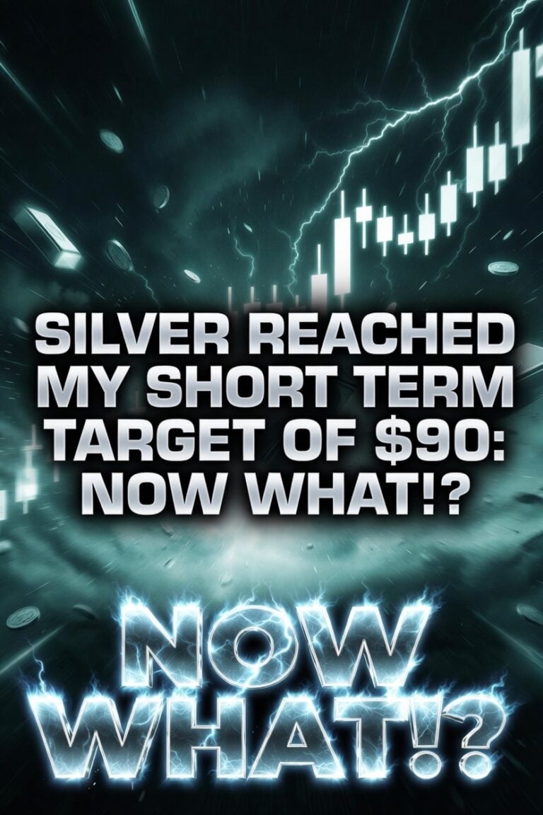Graphic reading 'Silver Reached My Short Term Target of $90: Now What!?' over a stormy candlestick chart with lightning.