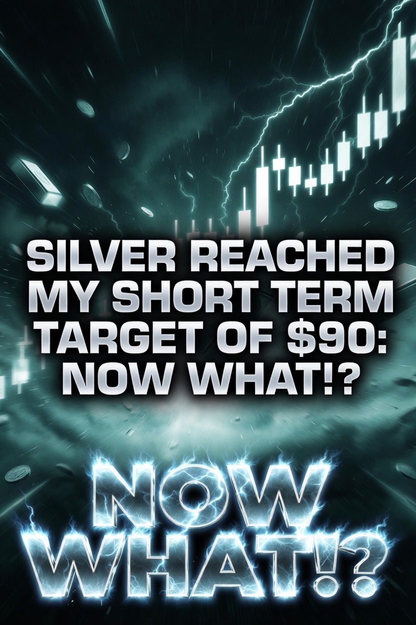 Graphic reading 'Silver Reached My Short Term Target of $90: Now What!?' over a stormy candlestick chart with lightning.