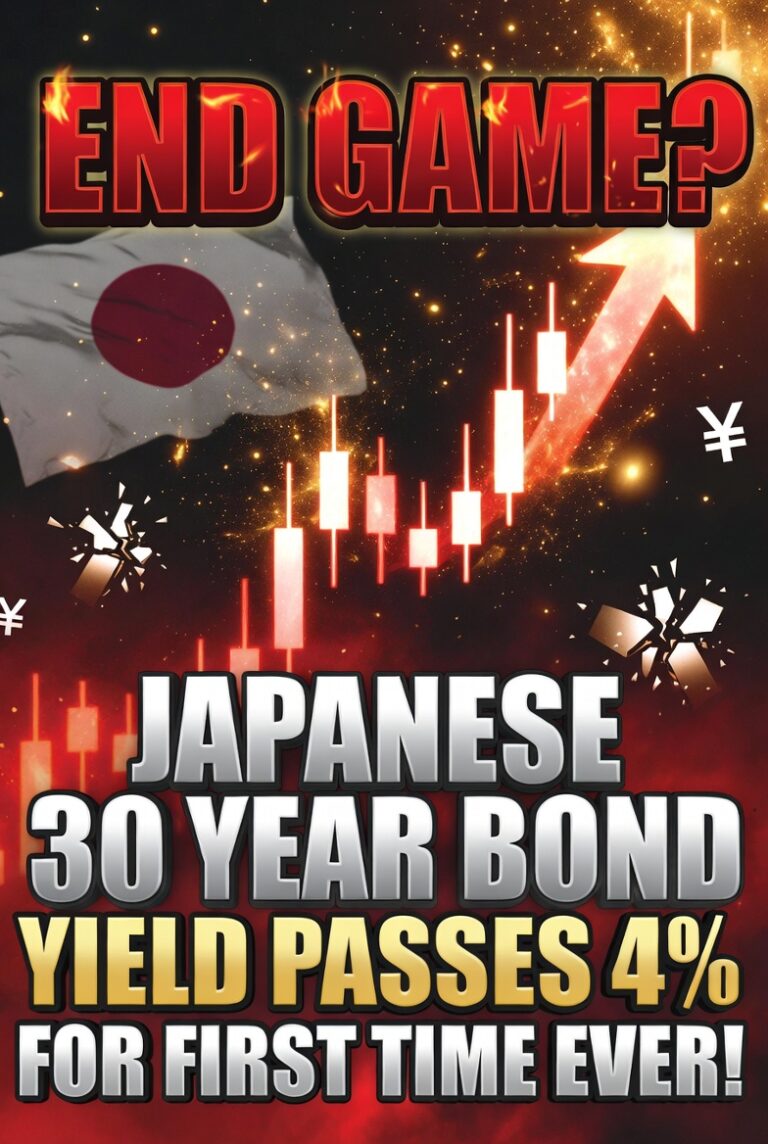 Japanese flag, rising candlestick chart and text: 'End Game? Japanese 30 Year Bond Yield Passes 4% For First Time Ever!'
