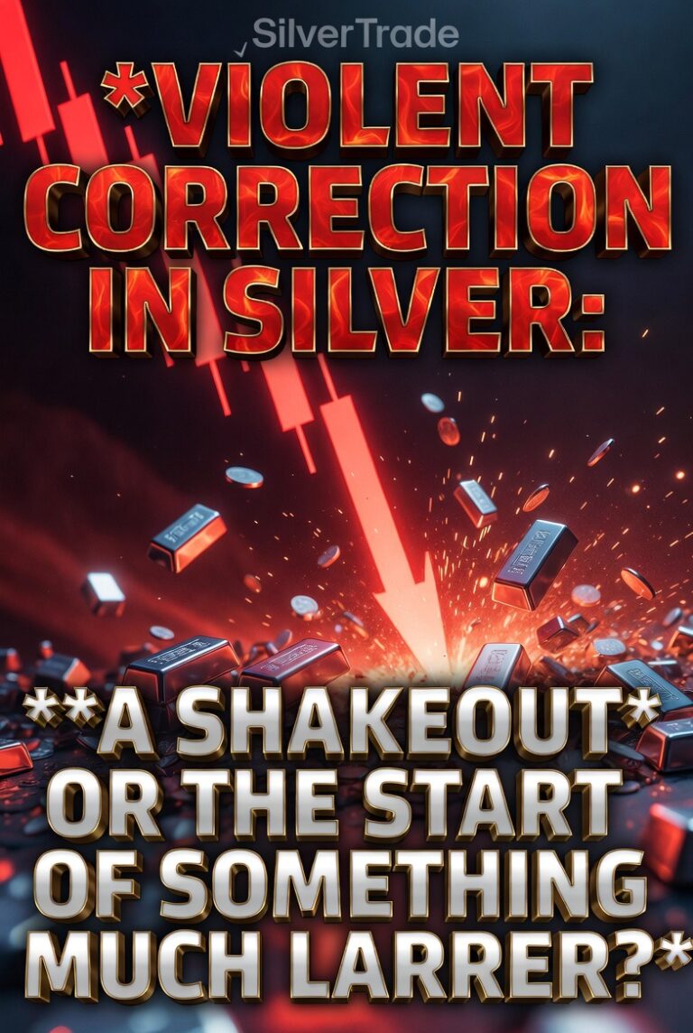 Fiery red headline 'Violent Correction in Silver' over a plunging red chart arrow and tumbling silver bars and coins.