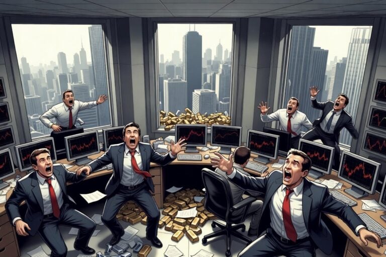 Illustration of panicked traders in suits amid falling red charts and scattered gold bars on a trading floor