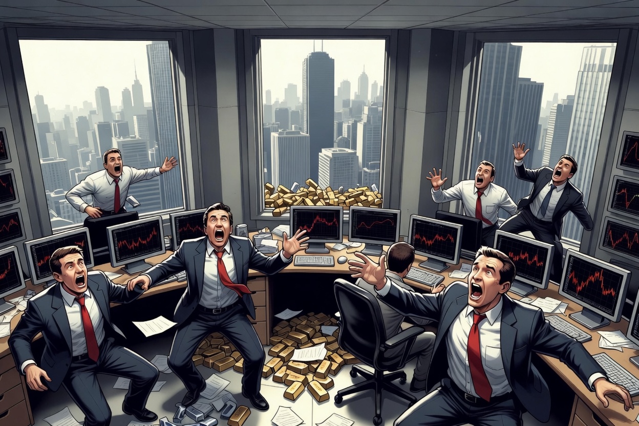 Illustration of panicked traders in suits amid falling red charts and scattered gold bars on a trading floor