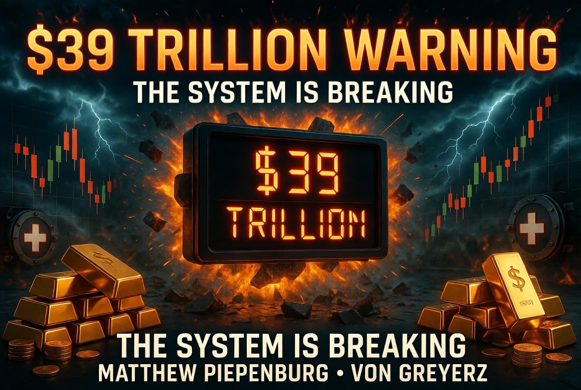 Graphic reading '$39 Trillion Warning: The System Is Breaking' above a digital counter, gold bars, and stock charts.