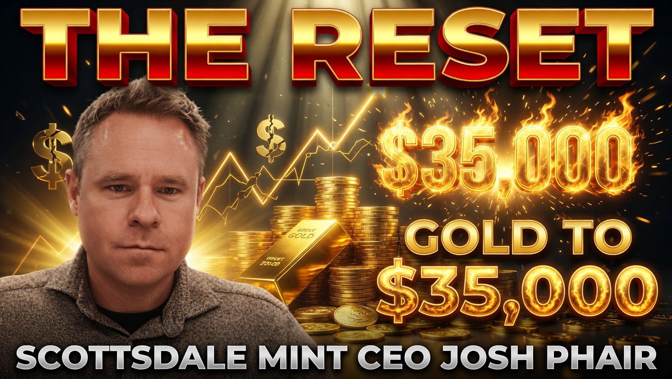 Josh Phair beside stacked gold coins and bars, with text reading "The Reset" and "Gold to $35,000" in flames