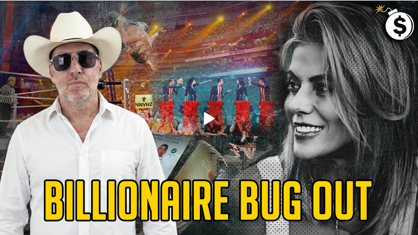 Thumbnail showing a man in a white cowboy hat and sunglasses beside a smiling woman, with 'Billionaire Bug Out' text