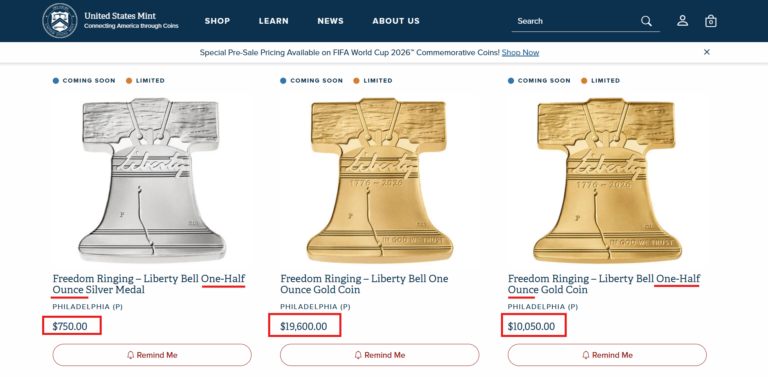 US Mint website showing Liberty Bell silver and gold medals priced at $750, $19,600, and $10,050