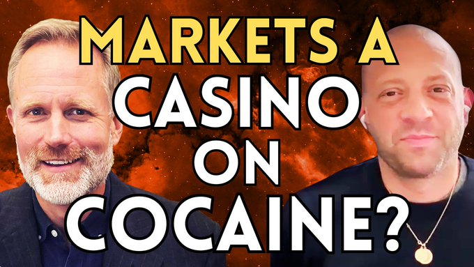 Two men flank bold text reading "Markets a casino on cocaine?" over a fiery orange background