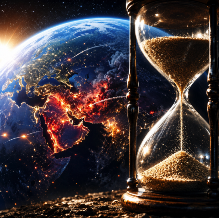 Hourglass with golden sand in front of Earth seen from space, the Middle East region glowing with fires and smoke