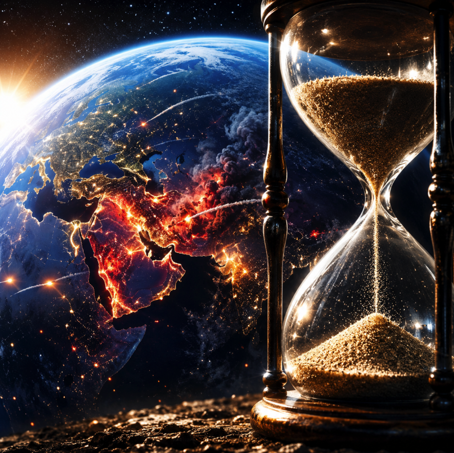 Hourglass with golden sand in front of Earth seen from space, the Middle East region glowing with fires and smoke