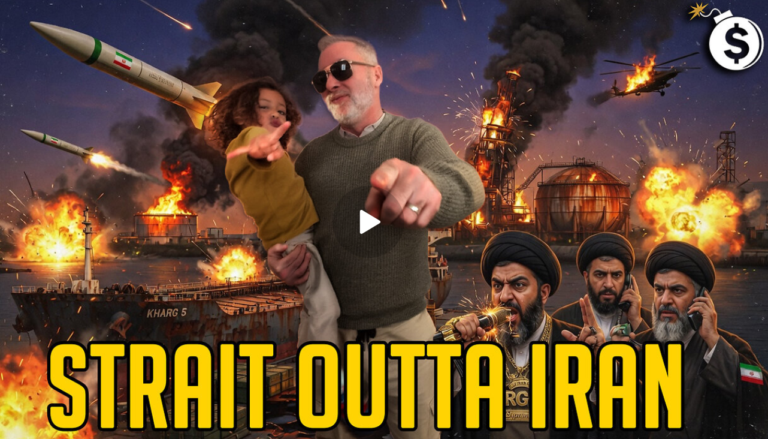 'Strait Outta Iran' thumbnail: man and child point amid burning refineries, missiles, and three men in turbans.