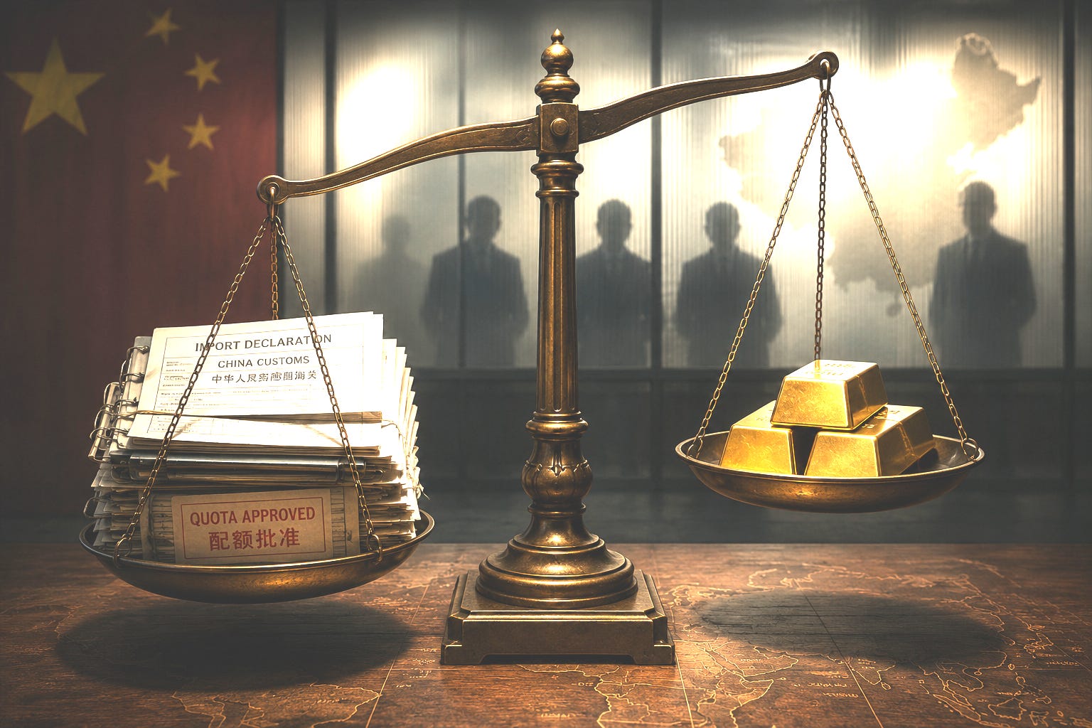 Brass scale weighing China customs import documents against gold bars, with a Chinese flag and silhouetted officials behind