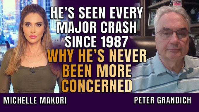 Michelle Makori and Peter Grandich flank text declaring 'He's seen every major crash since 1987, never been more concerned'