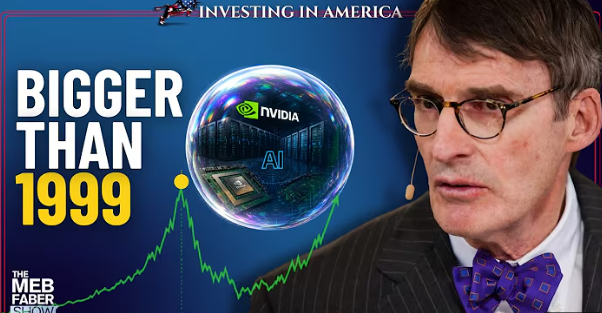 Jim Grant beside a 'Bigger Than 1999' graphic: bubble with Nvidia and AI logos over a rising green stock chart