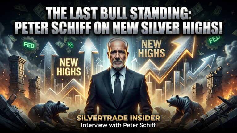 Peter Schiff in a suit before bears, glowing up-arrows, and burning ruins, headlined 'The Last Bull Standing'