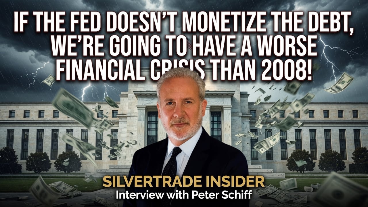 Peter Schiff in front of the Federal Reserve building amid falling dollar bills, storm clouds, and lightning.