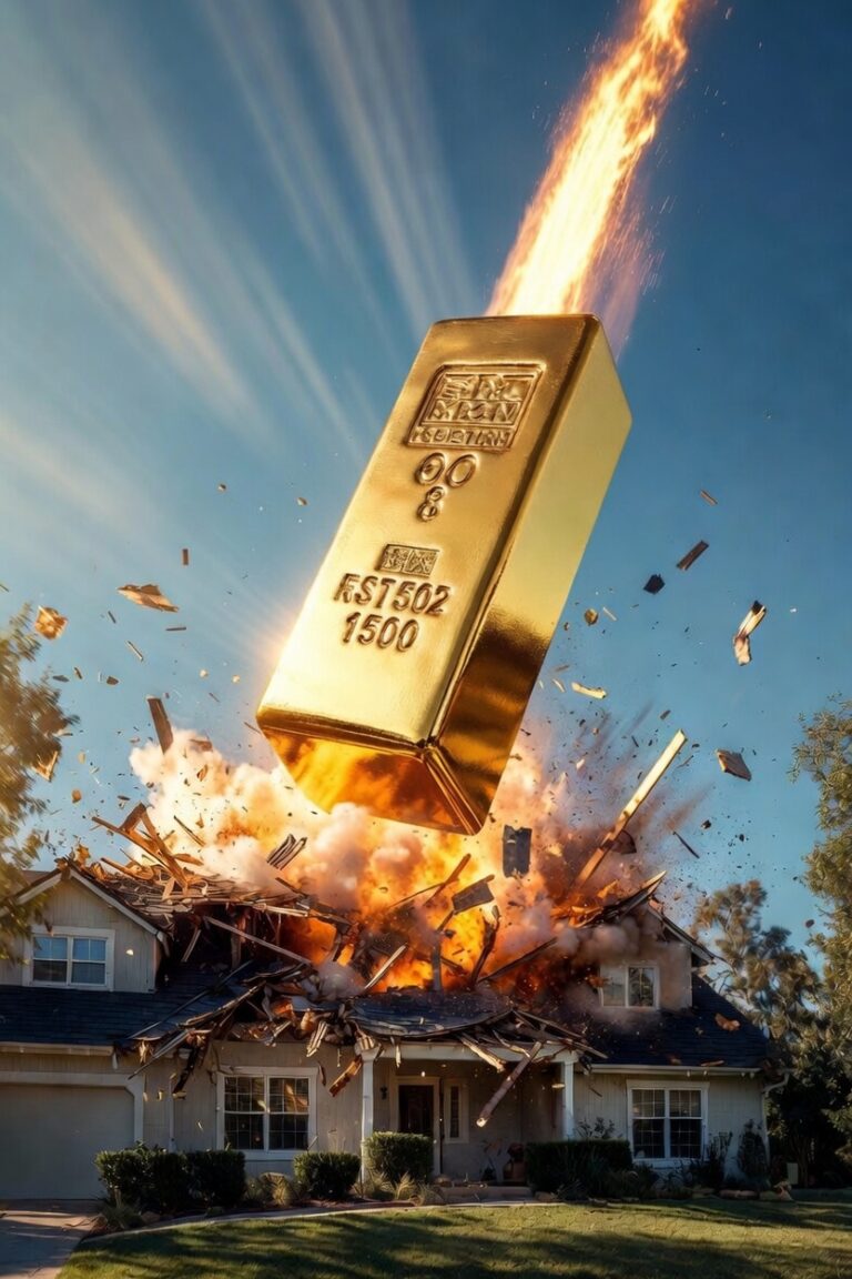 A giant gold bar trailing flames smashes through the roof of a suburban house, sending debris and smoke flying