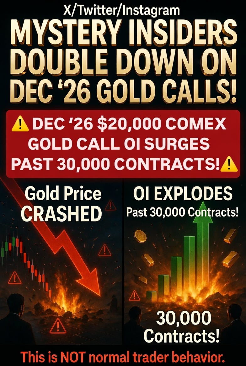 Graphic reading 'Mystery Insiders Double Down on Dec '26 Gold Calls' with a crashing price chart and surging green bars
