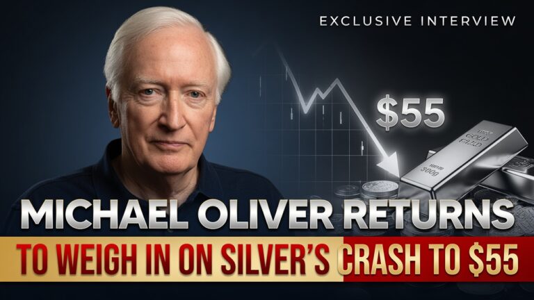 Michael Oliver next to a falling chart marked $55, silver bars, and text about silver's crash to $55