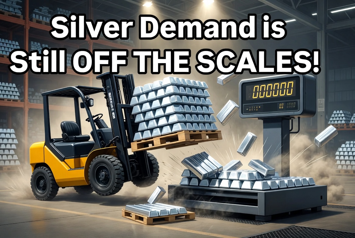 Forklift carrying stacked silver bars beside an overloaded scale, under text 'Silver Demand is Still Off the Scales!'