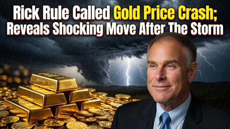 Smiling Rick Rule beside stacked gold bars and coins under storm clouds with lightning and bold headline text