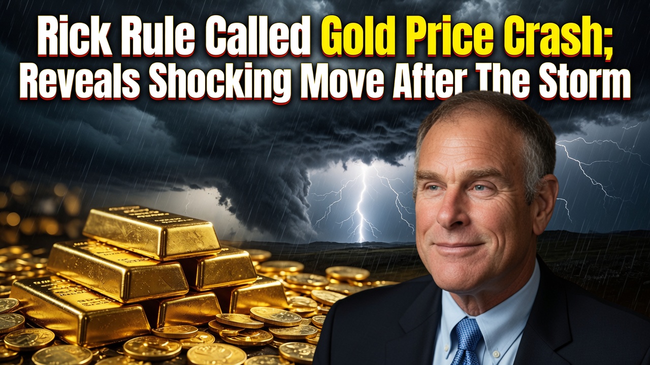 Smiling Rick Rule beside stacked gold bars and coins under storm clouds with lightning and bold headline text