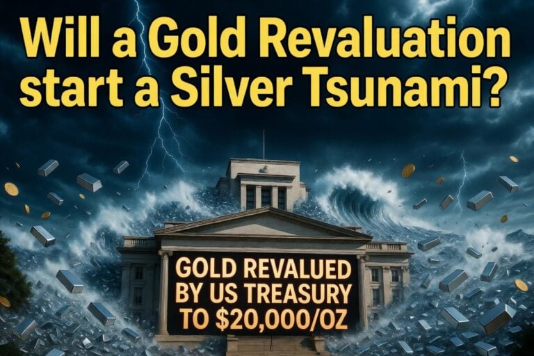US Treasury building hit by giant storm waves, with flying silver bars, gold coins, and 'Gold Revaluation' text
