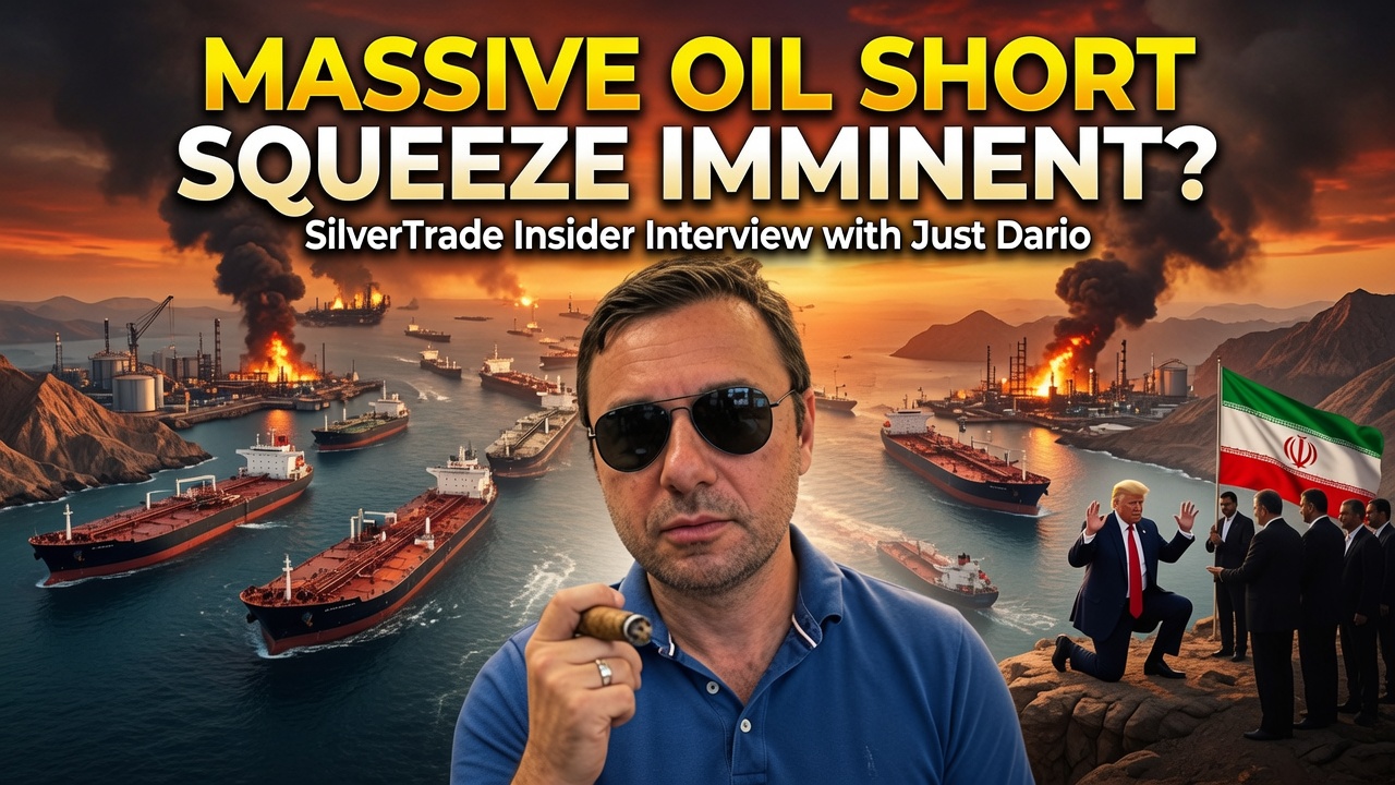 Text 'Massive Oil Short Squeeze Imminent?' over a man with a cigar, oil tankers, burning refineries, and an Iranian flag