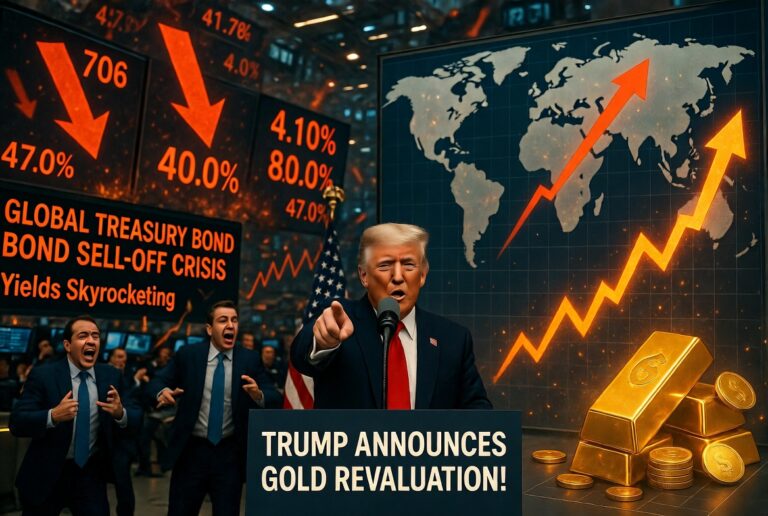 Trump speaking at a podium before screens showing a bond sell-off crisis, rising charts, a world map, and stacked gold bars