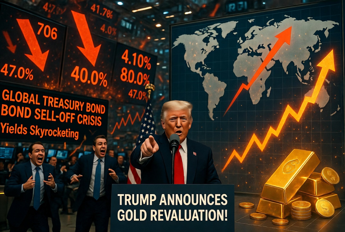 Trump speaking at a podium before screens showing a bond sell-off crisis, rising charts, a world map, and stacked gold bars