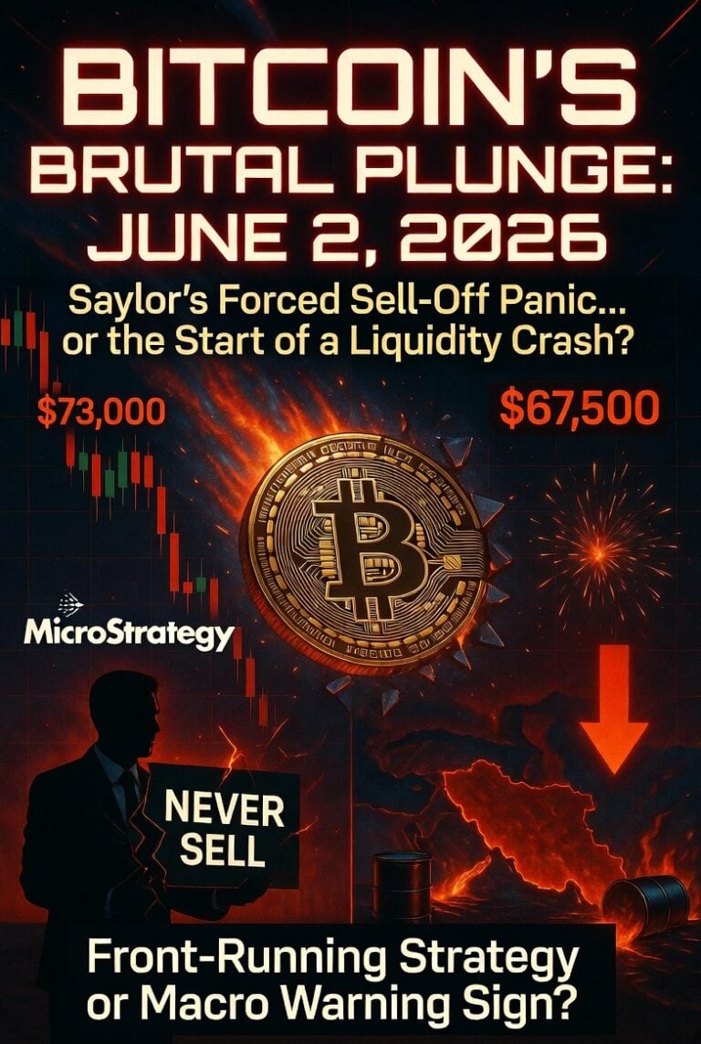 Graphic titled "Bitcoin's Brutal Plunge" showing a cracking Bitcoin coin, falling chart, and a figure holding a "NEVER SELL"
