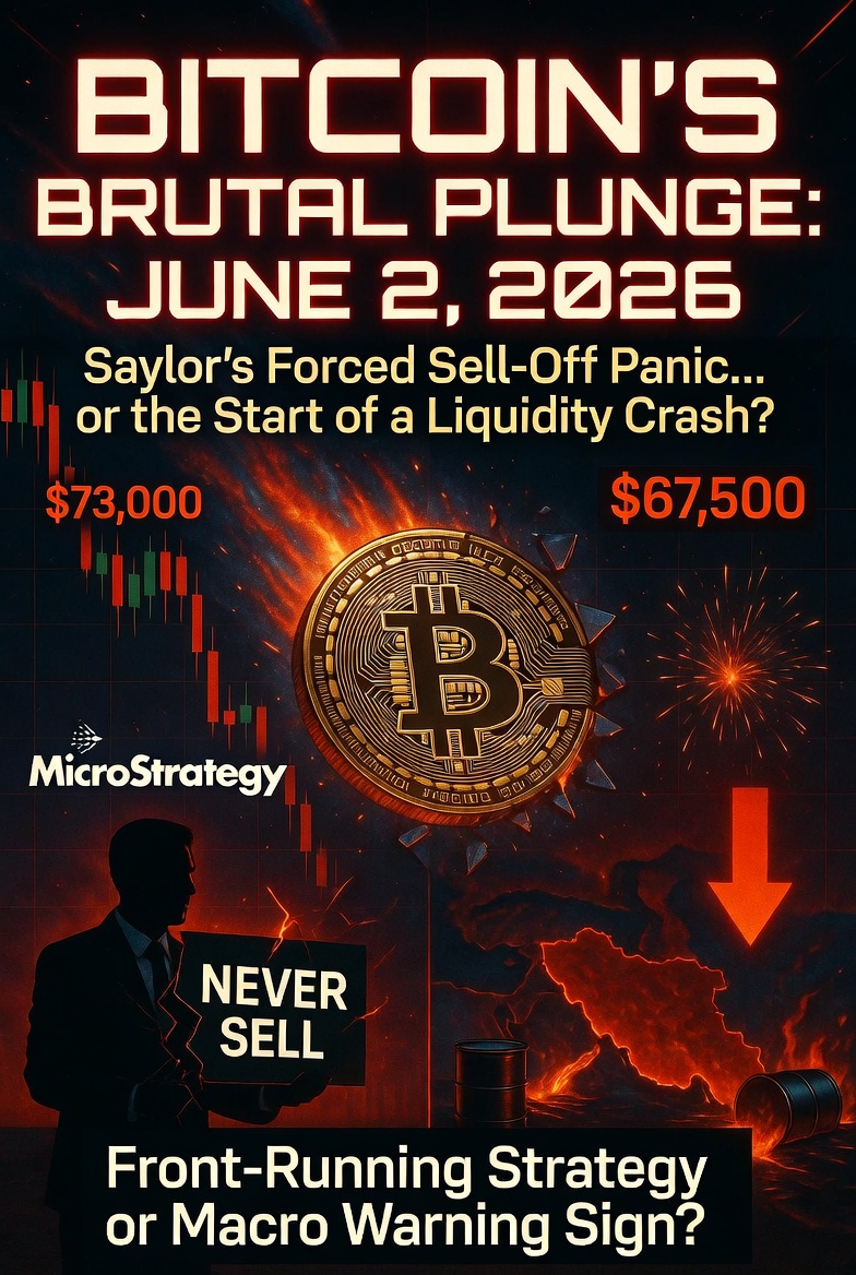 Graphic titled "Bitcoin's Brutal Plunge" showing a cracking Bitcoin coin, falling chart, and a figure holding a "NEVER SELL"