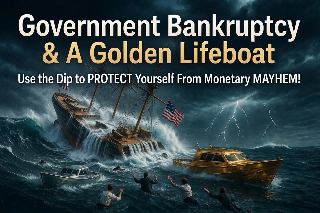 Sinking ship flying American flags in a lightning storm, with people in rough seas reaching toward a golden boat