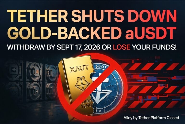 Gold XAUT bar and Tether coin crossed out by a red prohibition symbol under 'Tether shuts down gold-backed aUSDT' headline