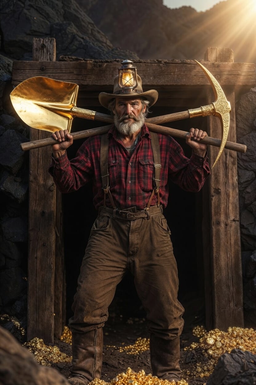 Bearded prospector in a lantern-topped hat holding a golden shovel and pickaxe at a mine entrance