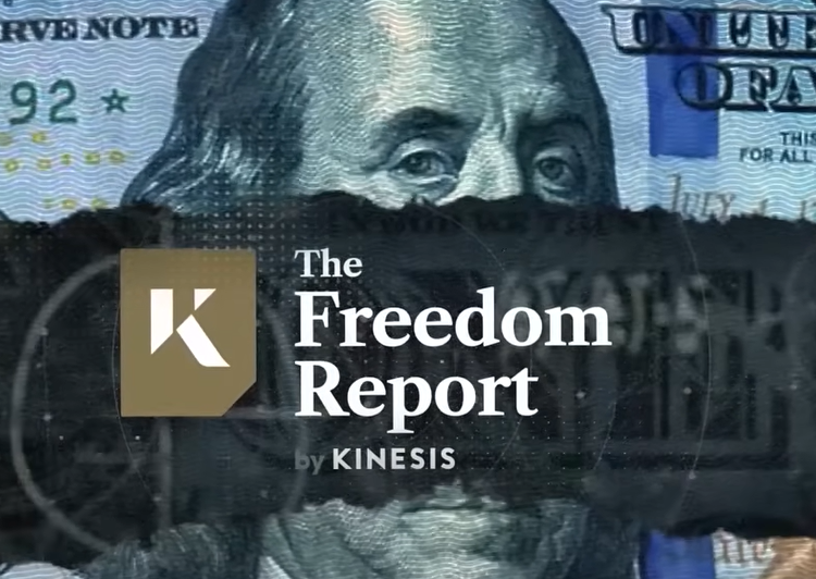 The Freedom Report by Kinesis logo over a torn US hundred-dollar bill showing Benjamin Franklin's eyes