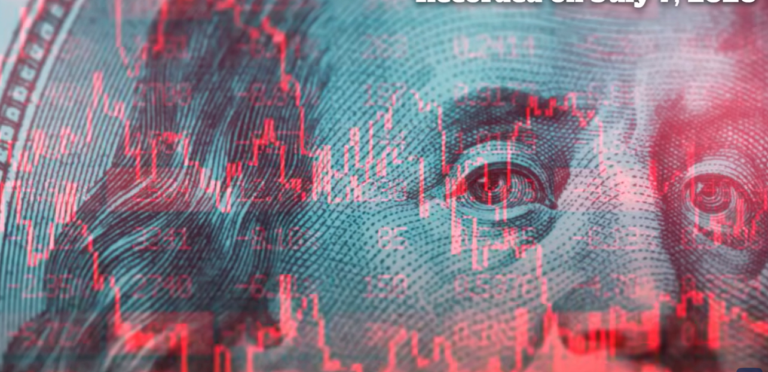 Red declining stock chart graphics overlaid on a close-up of Benjamin Franklin's portrait on a US dollar bill